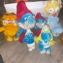 VINTAGE 1980s PLUSH STUFFED FIGURES - Alf, Smurfs , Garfield , Simpsons