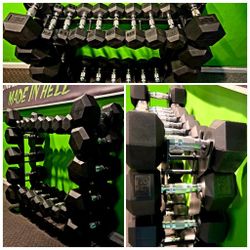 RUBBER HEX DUMBBELLS 589LB SET 5-50LB DUMBBELL WEIGHTS +RACK~