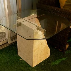 Modern Glass & Travertine Side Table 26x26 – Designer Style