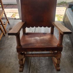 Mom and Pop Mexican Spanish Style Rocking Chair Venadillo Wood And Leather Circa 1940