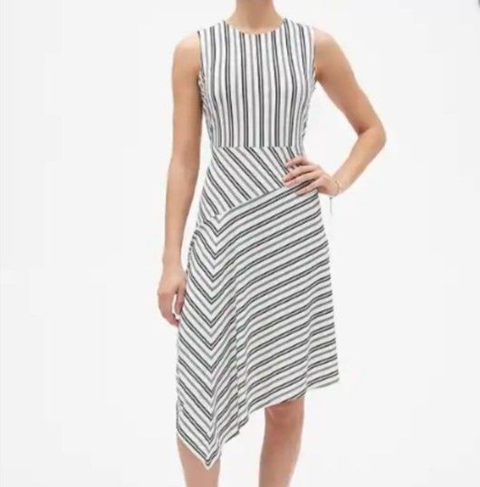 Banana Republic Navy and White Striped Asymmetrical Hem Dress