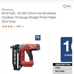M18 FUEL 18-Volt Lithium-Ion Brushless Cordless 16-Gauge Straight Finish Nailer (Tool Only)
