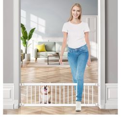 Fldofaves Dog Gate - 18"-45" Adjustable Extra Wide Metal Baby Gate to Step Over, 10" Tall Small Pet Gate with 3 Extension Kits, Pressure Mounted for D