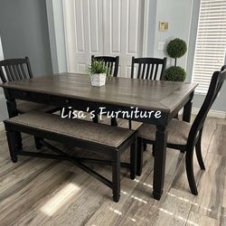 Dining Table With Four Matching Chairs and Bench