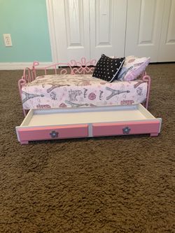 American girl doll bed with Paris bedding