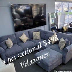 ✅️✅️ 4pc dark Grey corduroy fabric sectional sofa with rounded arms and ottoman ✅️✅️