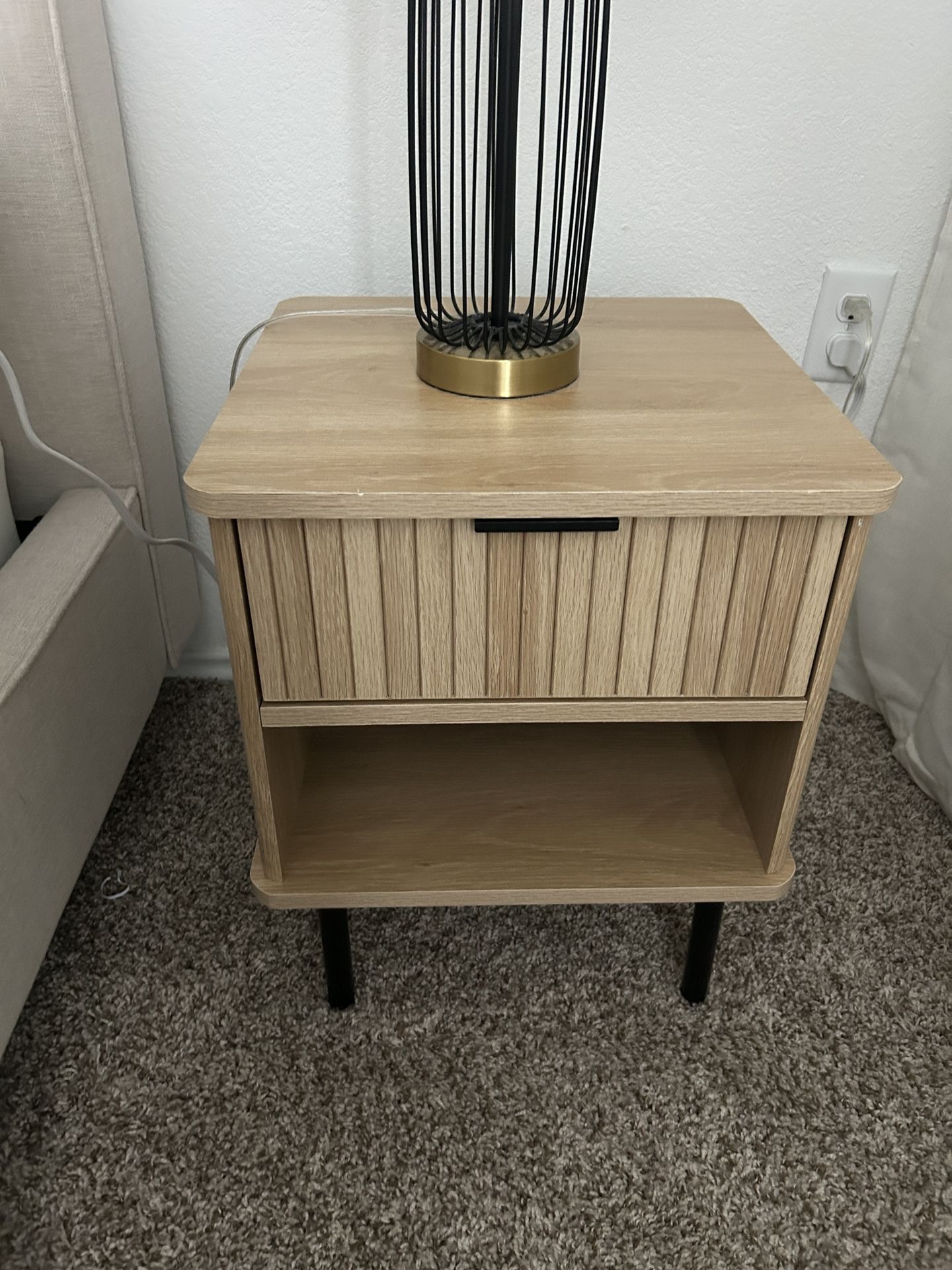 Modern Oak Wood Bedside Tables with Drawer & Open Shelf (Set of 2)