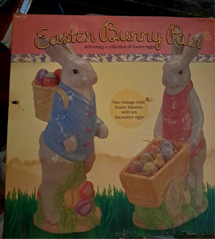 VTG Style Easter Bunny Pair Delivering Eggs Figures Plaster/Ceramic 16" Complete