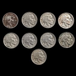 Lot Of (9) Buffalo Nickels, VF - XF Condition