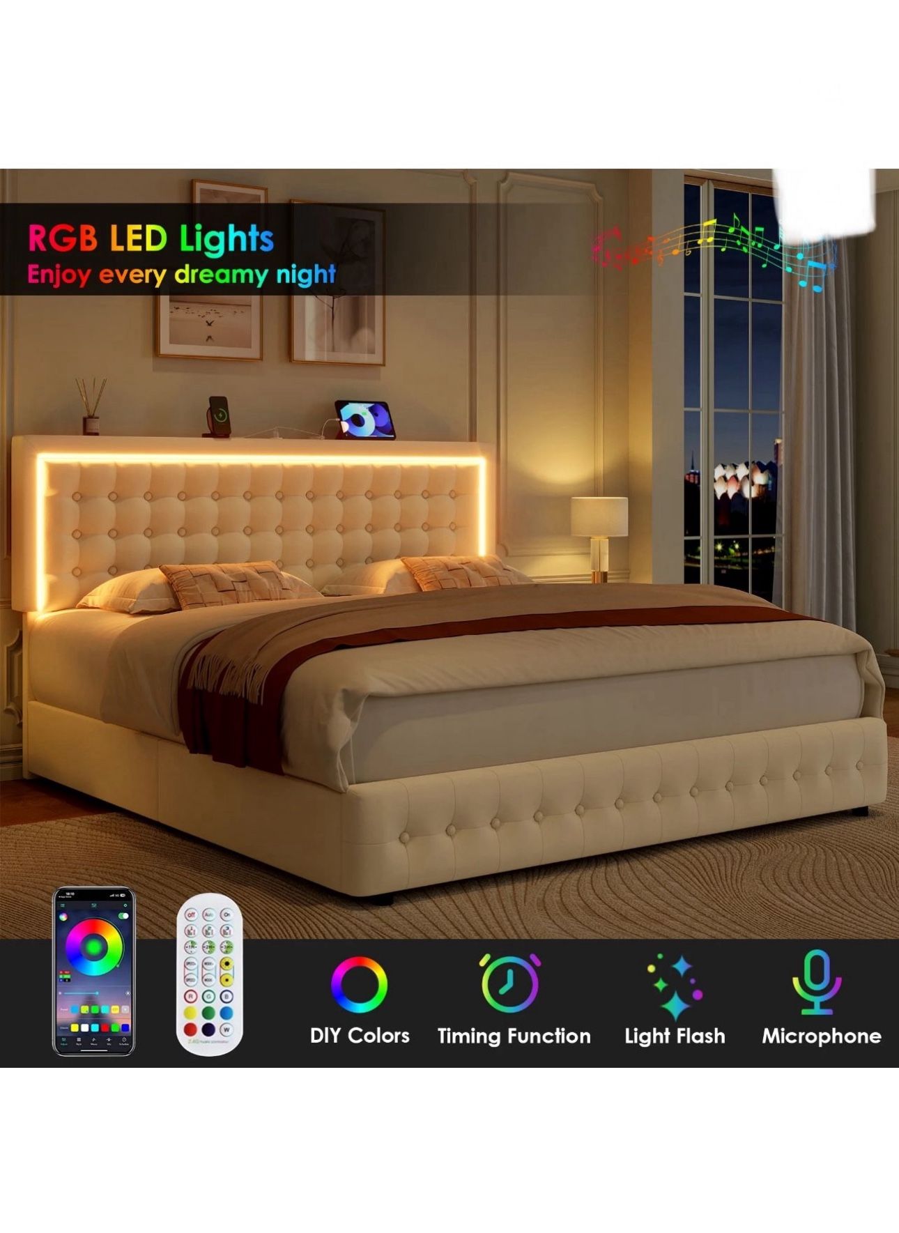 King Size LED Bed Frame with 4 Drawers, Velvet Platform Bed with Built-in USB Ports, Beige, New in Box