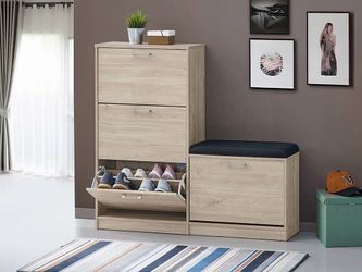 4-Door Shoe Cabinet w/ Seating Bench Natural Finish 47.2"W x 11.61"D x 44.4"H