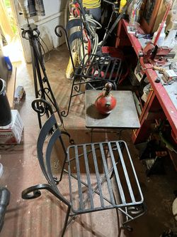 Vintage Wrought Iron Chairs And Lamp