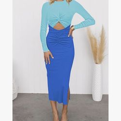 Long Sleeve Long Fall Dress Ruched Twist  Front Cut Out Midi Bodycon Dress Navy Blue size L  new