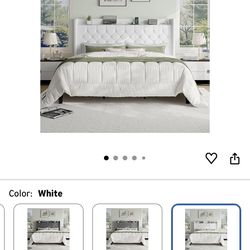 King Bed Frame w/ Charging Station & Storage Headboard (White) – NEW OPEN BOX