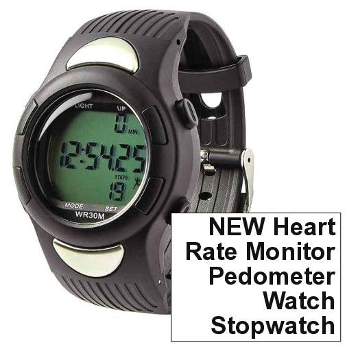 New Black Heart Rate Monitor / Pedometer / Watch / Stopwatch - Stainless Steel Back Water Resistant up to 98 ft., Backlight Display for Easy Night Use