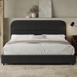 Bed Frame Queen Size, Boucle Upholstered Platform Queen Bed Frame with Headboard, Soft Headboard with Rounded Corners Design, Wood Slats, No Box Sprin