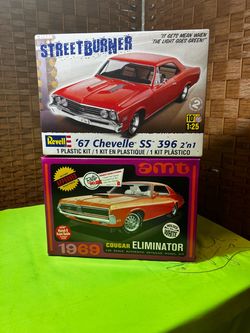 NEW ‘67. Chevelle Ss 396 2’1 & 1969 Cougar Eliminator 1:25 Scale Model Kits-$70 for Both