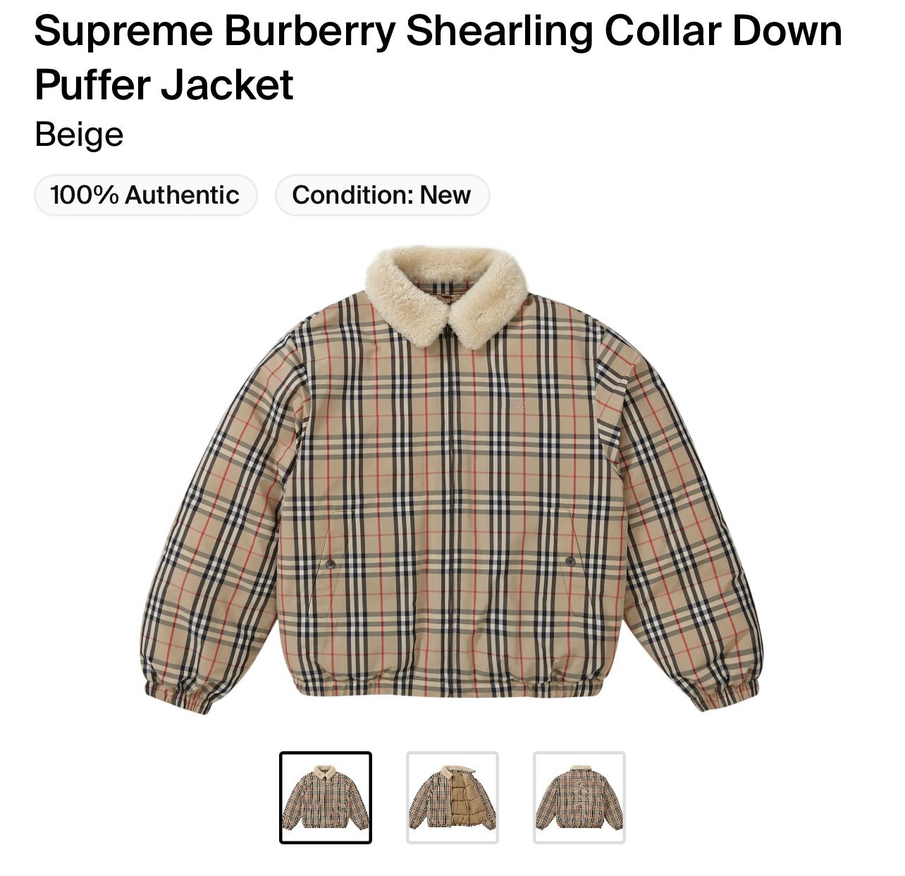 Supreme Burberry Shearling Collar Down Puffer Jacket