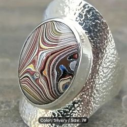 Boho-Chic Vintage Silvery-Plated Alloy Ring With Agate Inlay - Perfect For Casual Attire