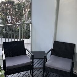 Modern Outdoor Patio Set – 2 Rocking Chairs + Side Table (Black Wicker + Cushions)