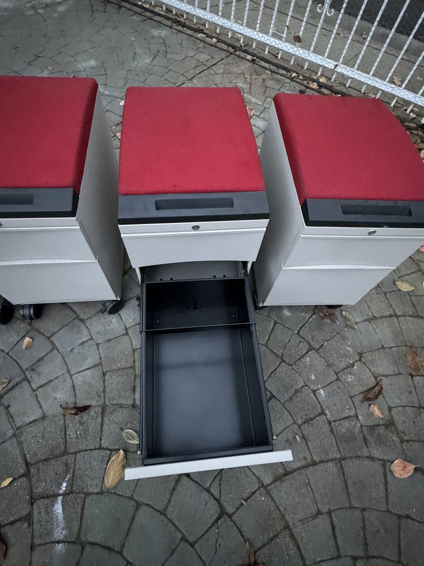 FILE CABINETS W/RED CUSHION AND CASTERS LOT OF 4