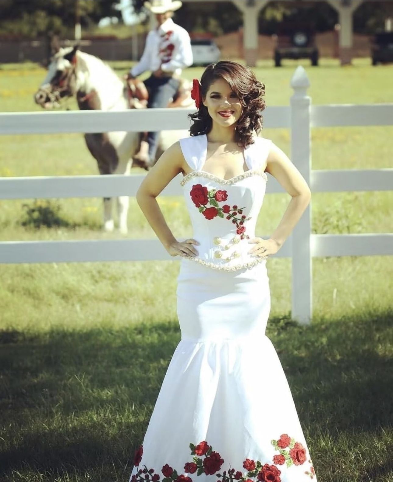 Red Floral Flowers Embroidered Appliques Mermaid Quinceanera Dress Charro