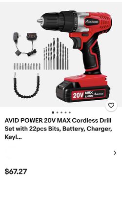 AVID POWER 20V MAX Cordless Drill Set with 22pcs Bits, Battery, Charger