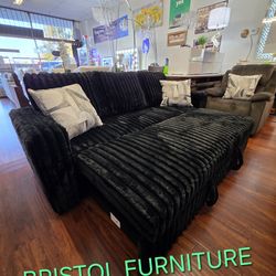Convertible Sofa, Black Corduroy Fabric, Pull Out Sofa with USB Port, New in the Box.
