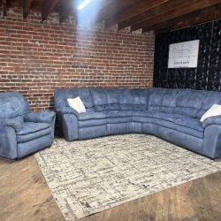 Free Delivery-Blue L shape sectional sofa couch w recliner chair