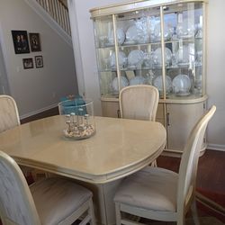 Cream Wood Dining Table, Chairs & China Cabinet Set