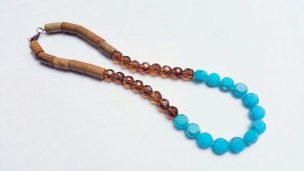 Handmade necklace with round tube wood jasper and high quality brown and blue glass crystal beads
