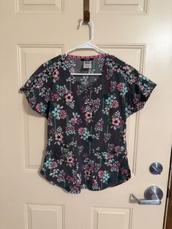 HeartSoul Women's Floral Scrub Top V-Neck Dark Gray Pink Blue XS