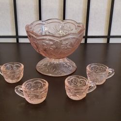 Art glass child mini punch bowl 5-Piece set Fish And Flowers Rose Pink doll collect