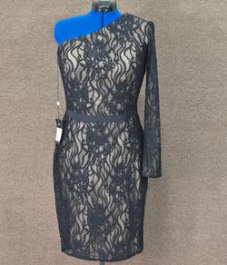 Tadashi Shoji Barcelo One-Shoulder Black Lace Tea Length Dress Size 14 NWT