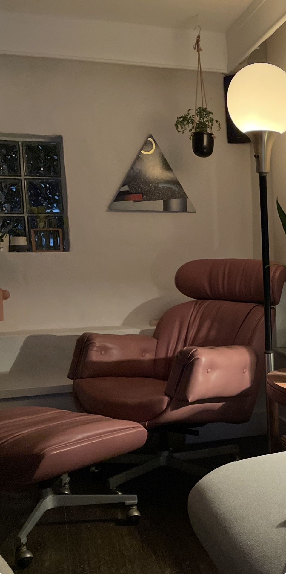 Mauve pink MCM vintage leather chair + ottoman