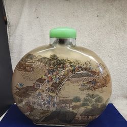 Antique Giant Chinese Reverse Glass Painted Snuff Bottle With Jade Top Signed