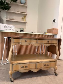 Mid-century French provincial bar cart, tea cart, rolling serving cart drop leaf sides, 1960s