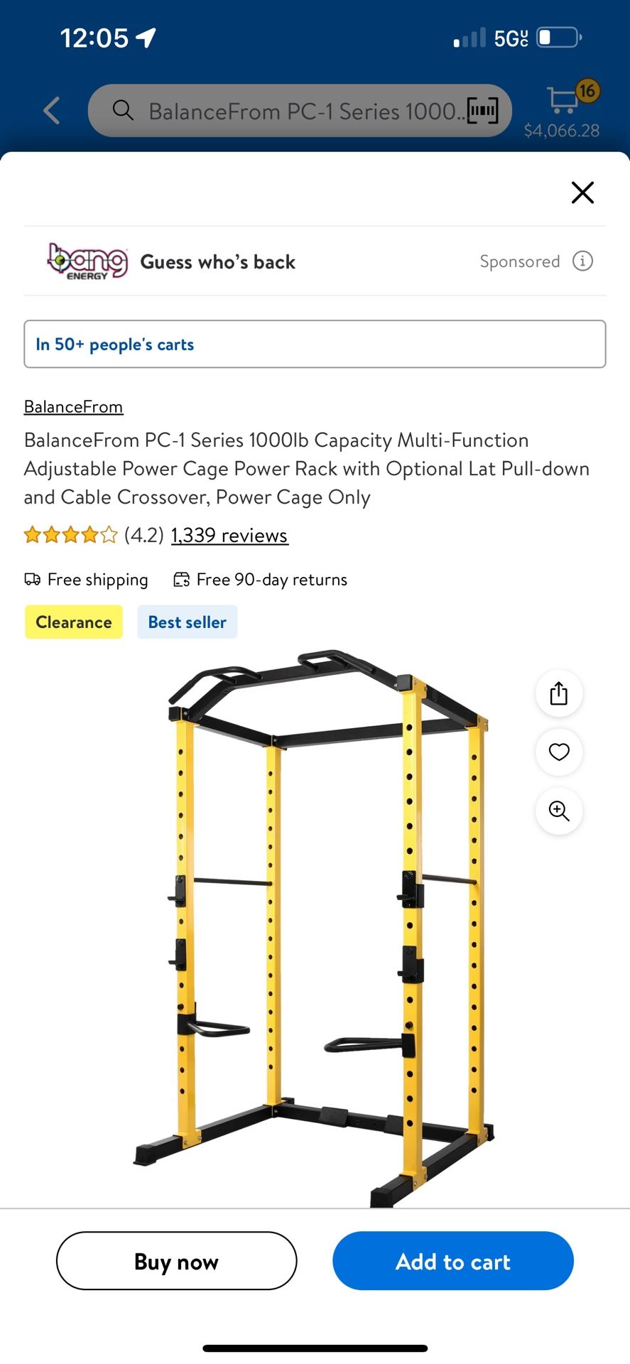 BalanceFrom PC-1 Series 1000lb Capacity Multi-Function Adjustable Power Cage Power Rack with Optional Lat Pull-down and Cable Crossover, Power Cage On