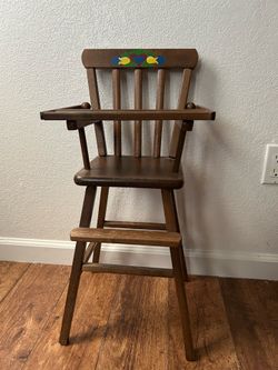Vintage 26" Wooden Doll High Chair - 1970s Folk Art Heart & Birds