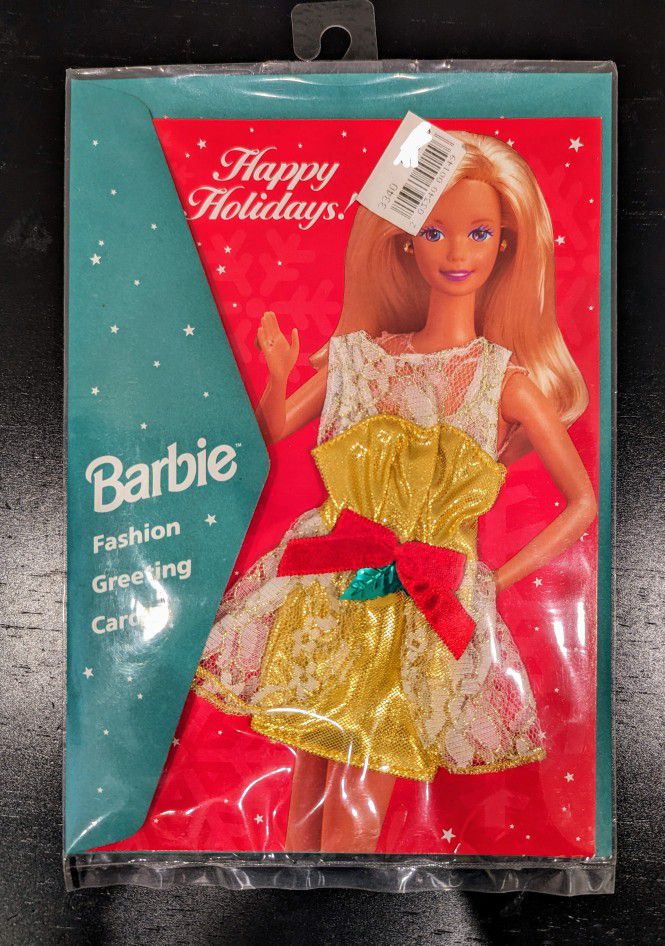 Barbie Fashion Greeting Card - Happy Holidays! Gold Metallic Dress 1995 New Vintage Mattel