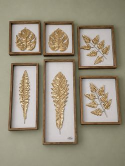 Beautiful Uttermost "Golden Leaves" 6-Piece Shadow Box Wall Art Set