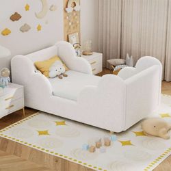 NAIZEA Toddler Bed, Child Bed Kids Teddy Fleece Fabric Standard Crib Toddler Bed