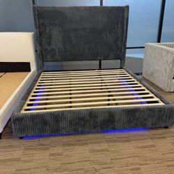 NEW IN BOX-68” Tall Dark Grey Platform Bed Frame King and Queen Size with LED lights Bluetooth Speak