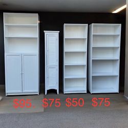  White 7 shelf bookcase cabinet $95, bathroom / pantry cabinet $75, large 5-layer bookcase $75, medium 5-layer bookcase $50