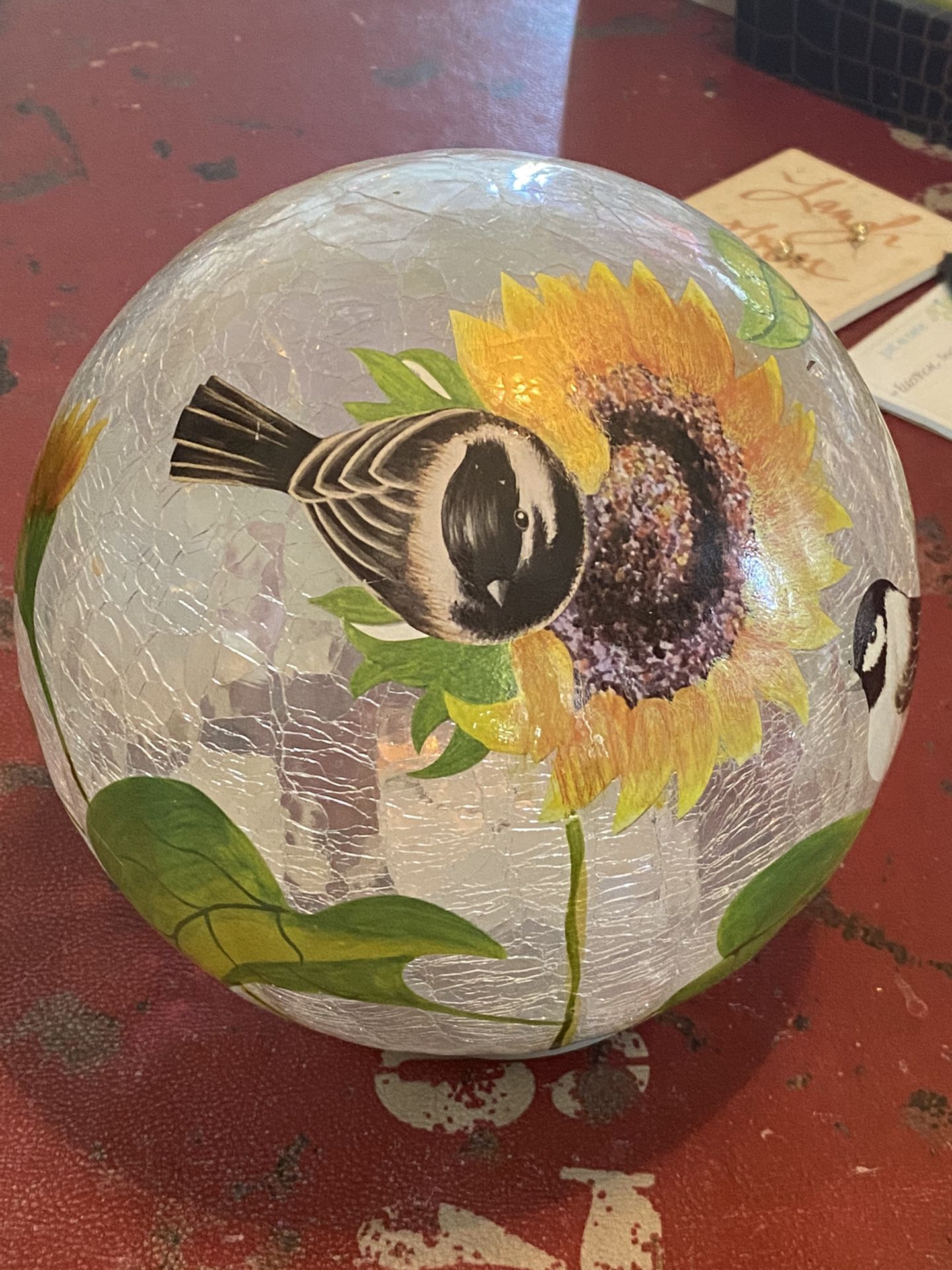 Crackled Glass “Gaze Ball” - Birds/Sunflowers