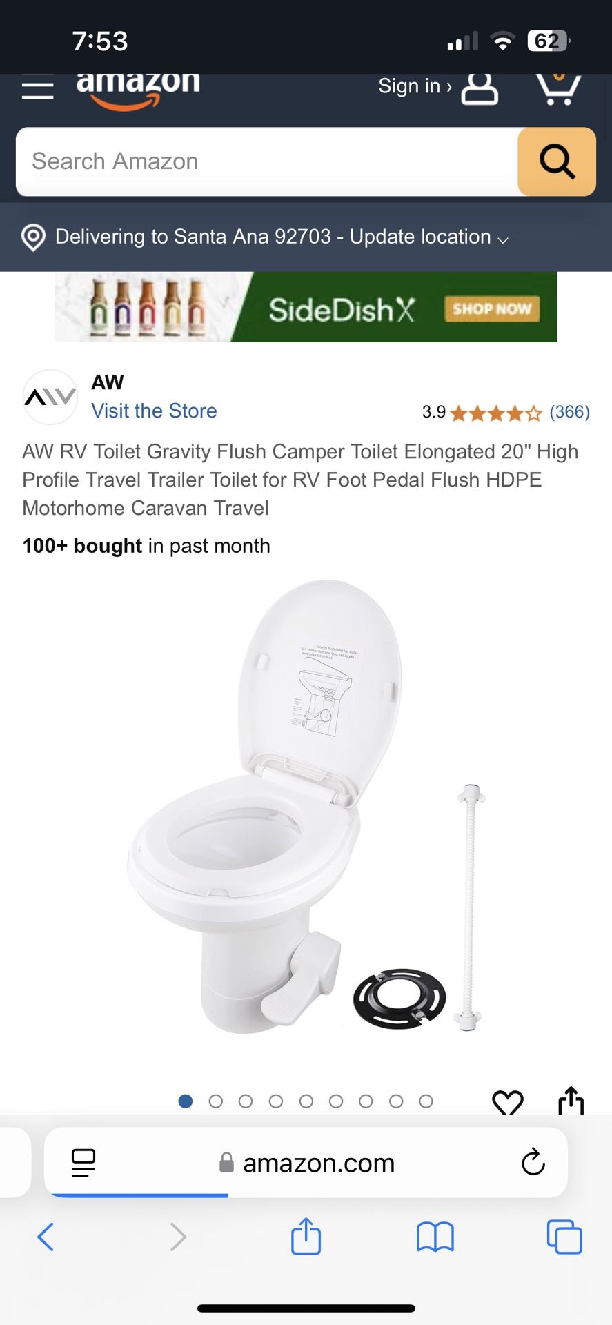 RV Toilet Gravity Flush Camper Toilet Elongated 20" High Profile Travel Trailer Toilet for RV Foot Pedal Flush HDPE Motorhome Caravan Travel