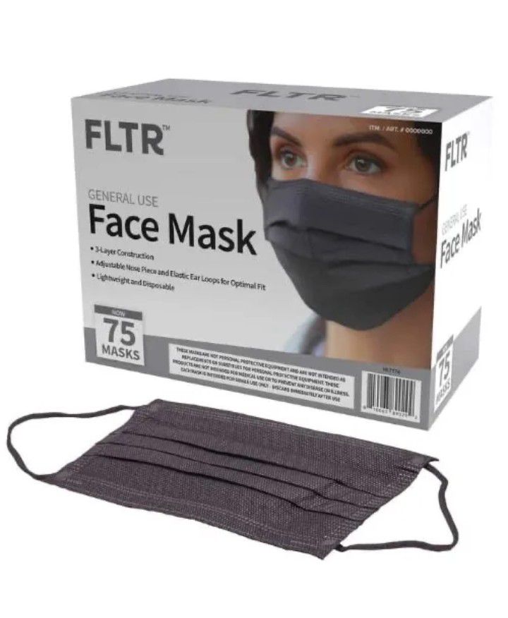 75 Count Adult Face Mask Black Color General Use 