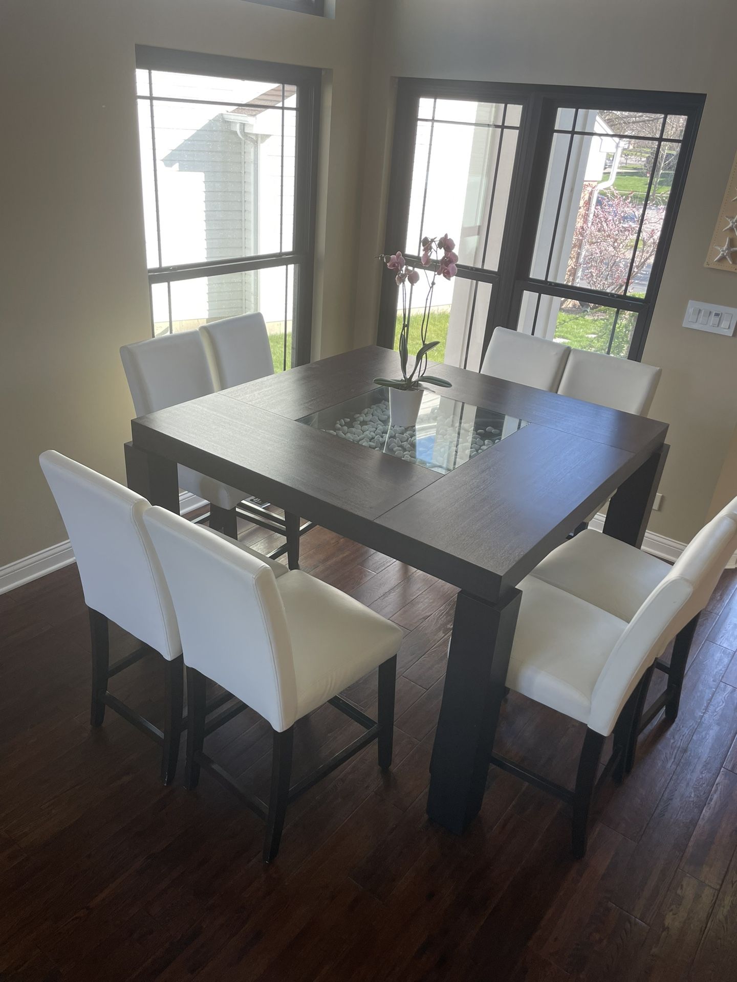 Contemporary High Table and 8 Leather Chairs.