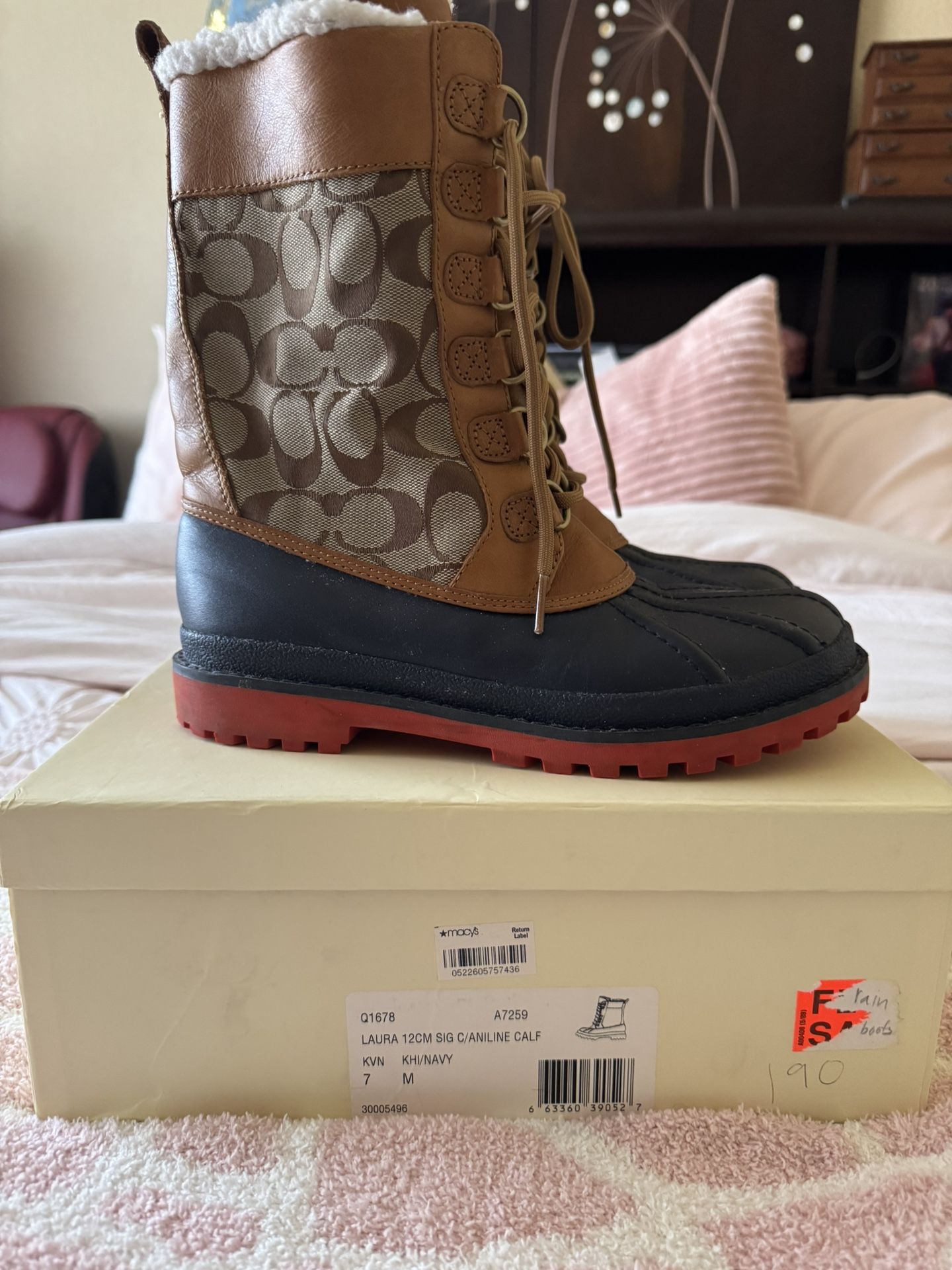 Coach Laura Women's Brown Leather Lace Up Duck Boots Size 7B