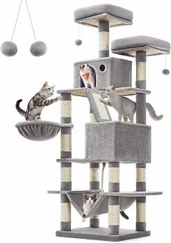 Cat Tree, 66.1-Inch Large Cat Tower, Multi-Level Condo, Light Gray with 13 Sisal Scratching Posts, 2 Perches, 2 Cave, Hammock, Basket, Plush Balls for